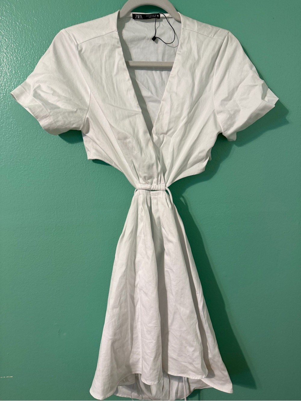 Zara White V-Neck Tie-Waist Mini Dress
